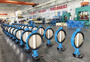 Industrial butterfly valves are displayed in batches in the workshop